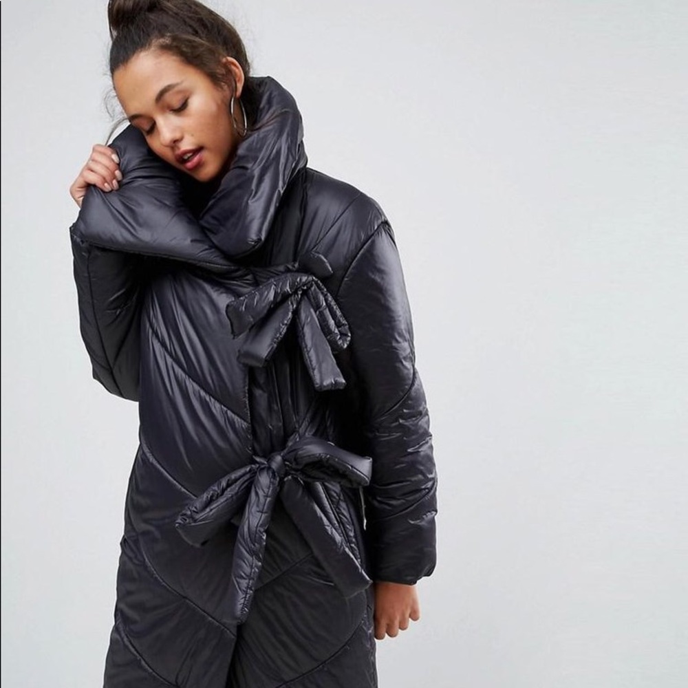"Longline Puffer Coat With Funnel Neck And Tie